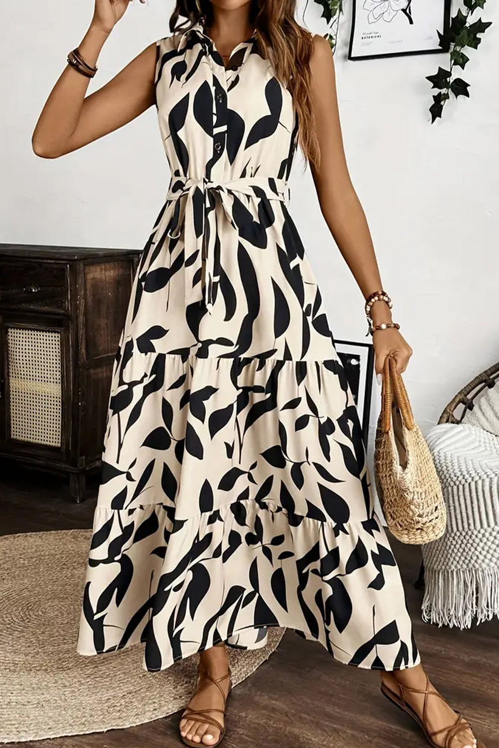 Apricot Abstract Print Knot Waist Collar Sleeveless Maxi Dress - The Fair Lady Shop