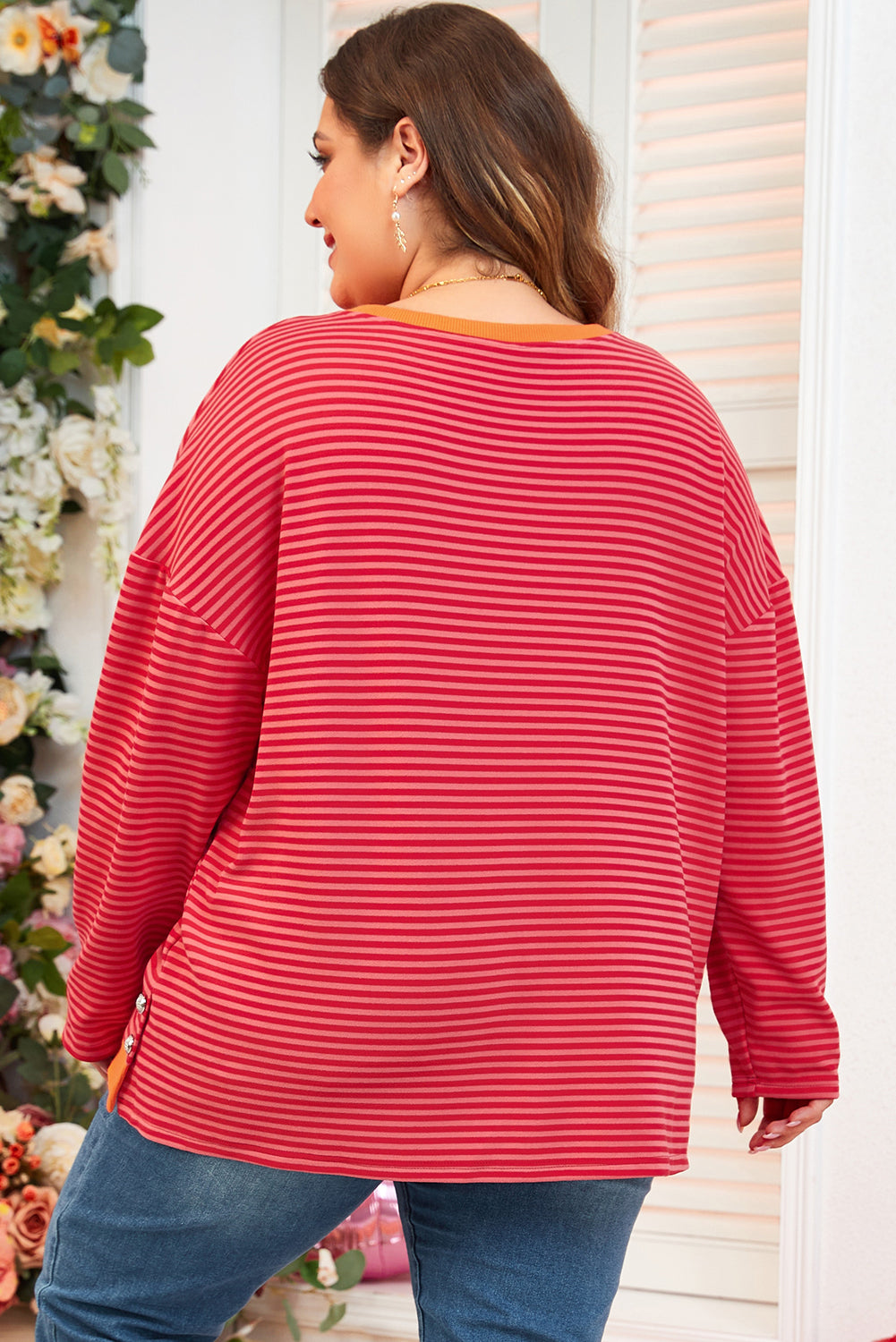 Orange Stripe Plus Size Drop Shoulder Long Sleeve Top - The Fair Lady Shop