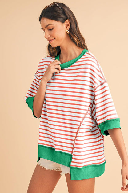 Pink Stripe Colorblock Drop Sleeve Oversized T Shirt - The Fair Lady Shop