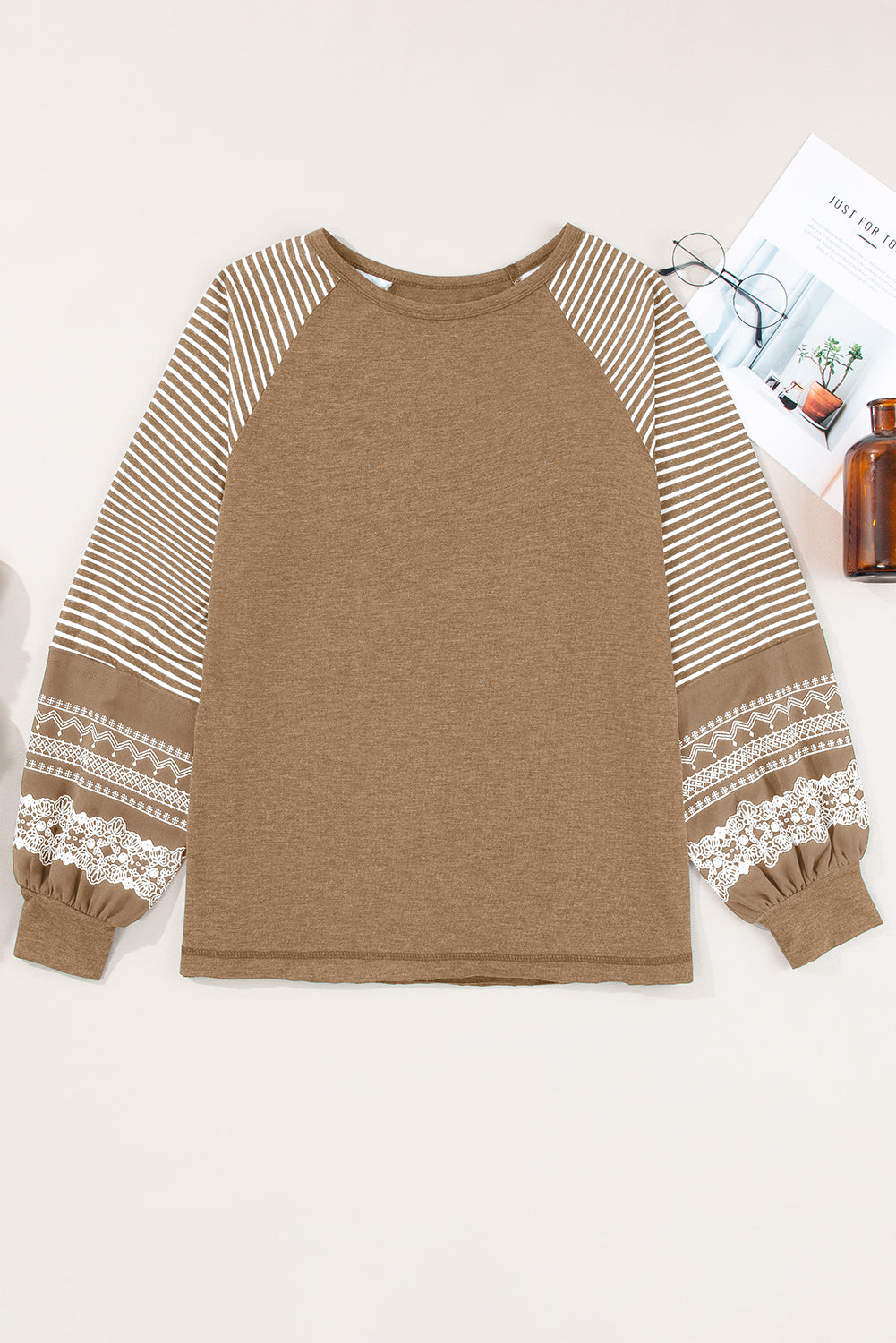 Brown Contrast Print Striped Raglan Long Sleeve Loose Top
