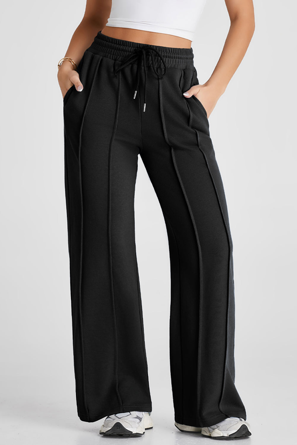 Black Seamed Drawstring High Waist Wide Leg Sweatpants