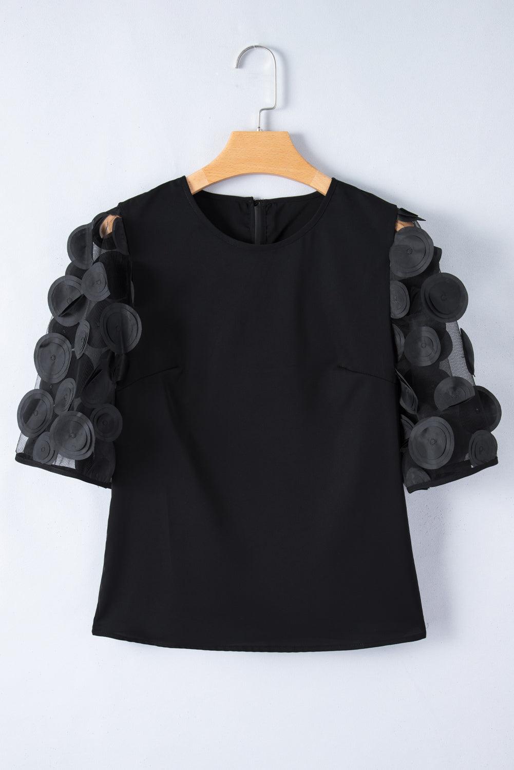 Black Applique Mesh Keyhole Back Splicing Sleeve Blouse - The Fair Lady Shop