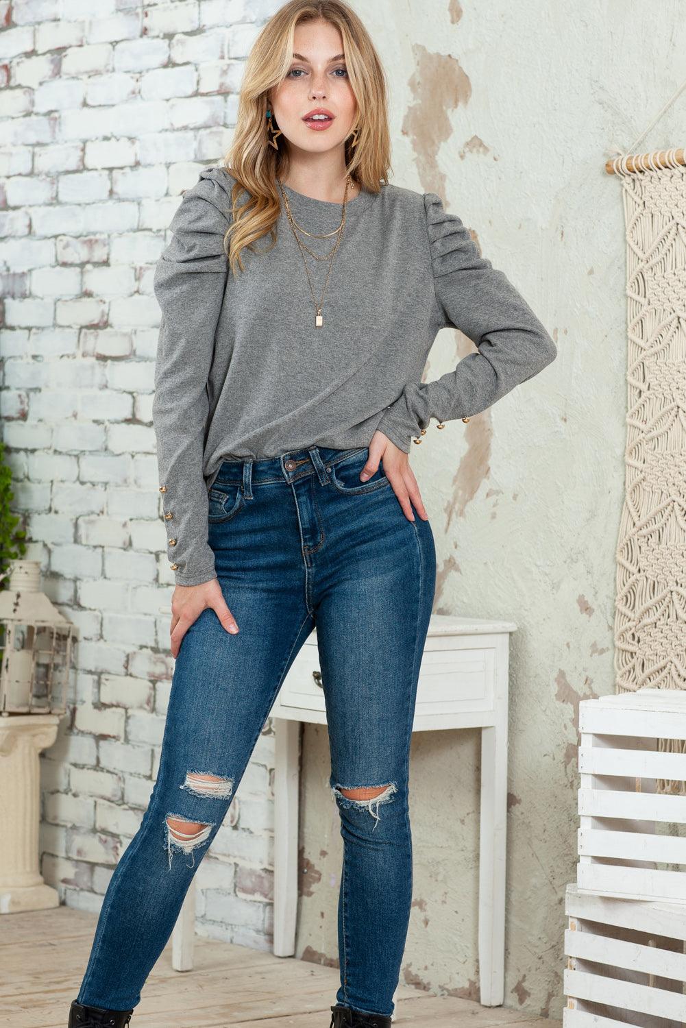 Khaki Plain Buttoned Puff Long Sleeve Sheath Top - The Fair Lady Shop