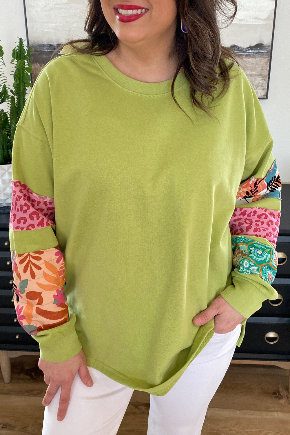 Green Leopard Patchwork Sleeve Split Plus Sweatshirt - The Fair Lady Shop