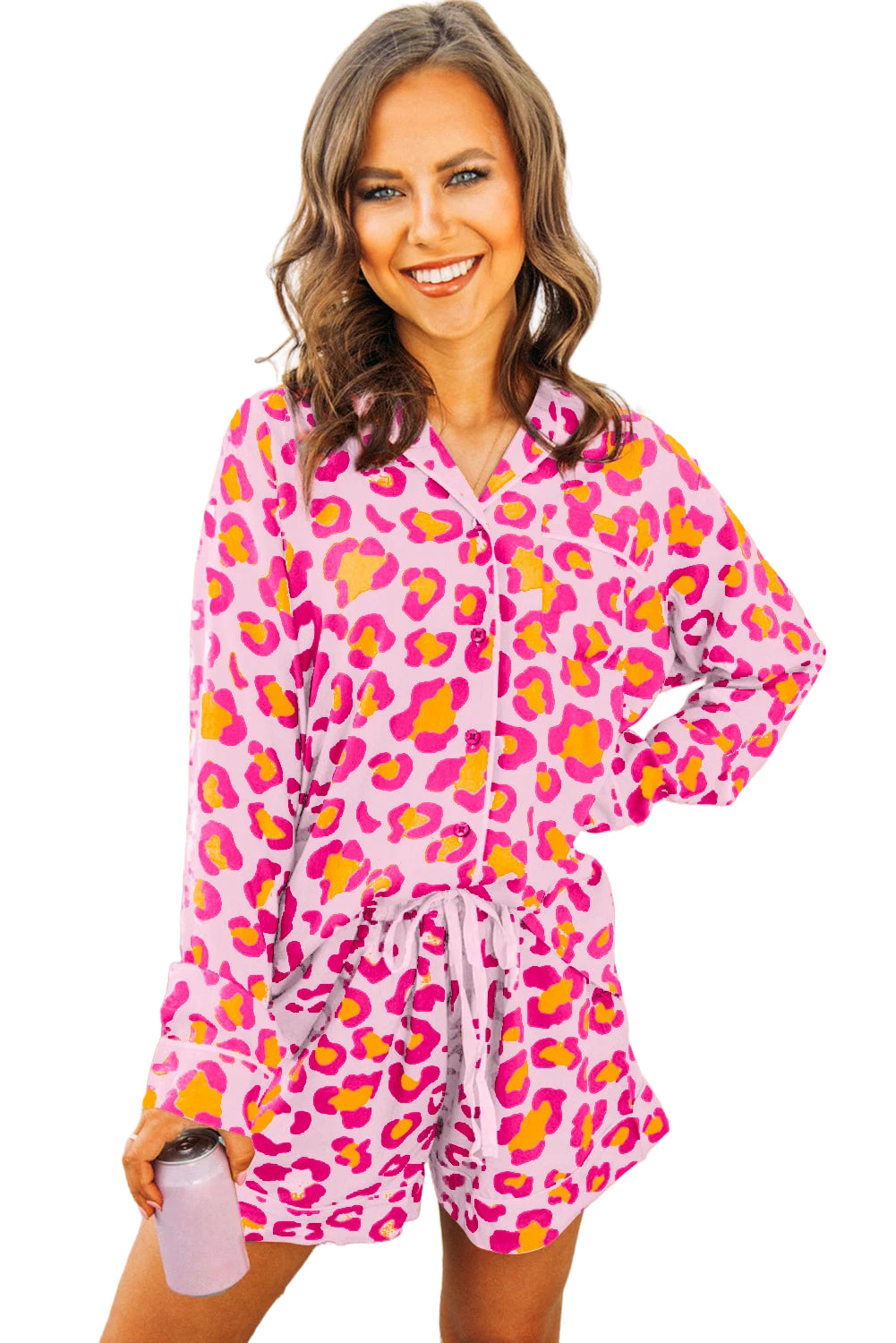 Pink Leopard Print Long Sleeve Shirt and Shorts Pajama Set - The Fair Lady Shop