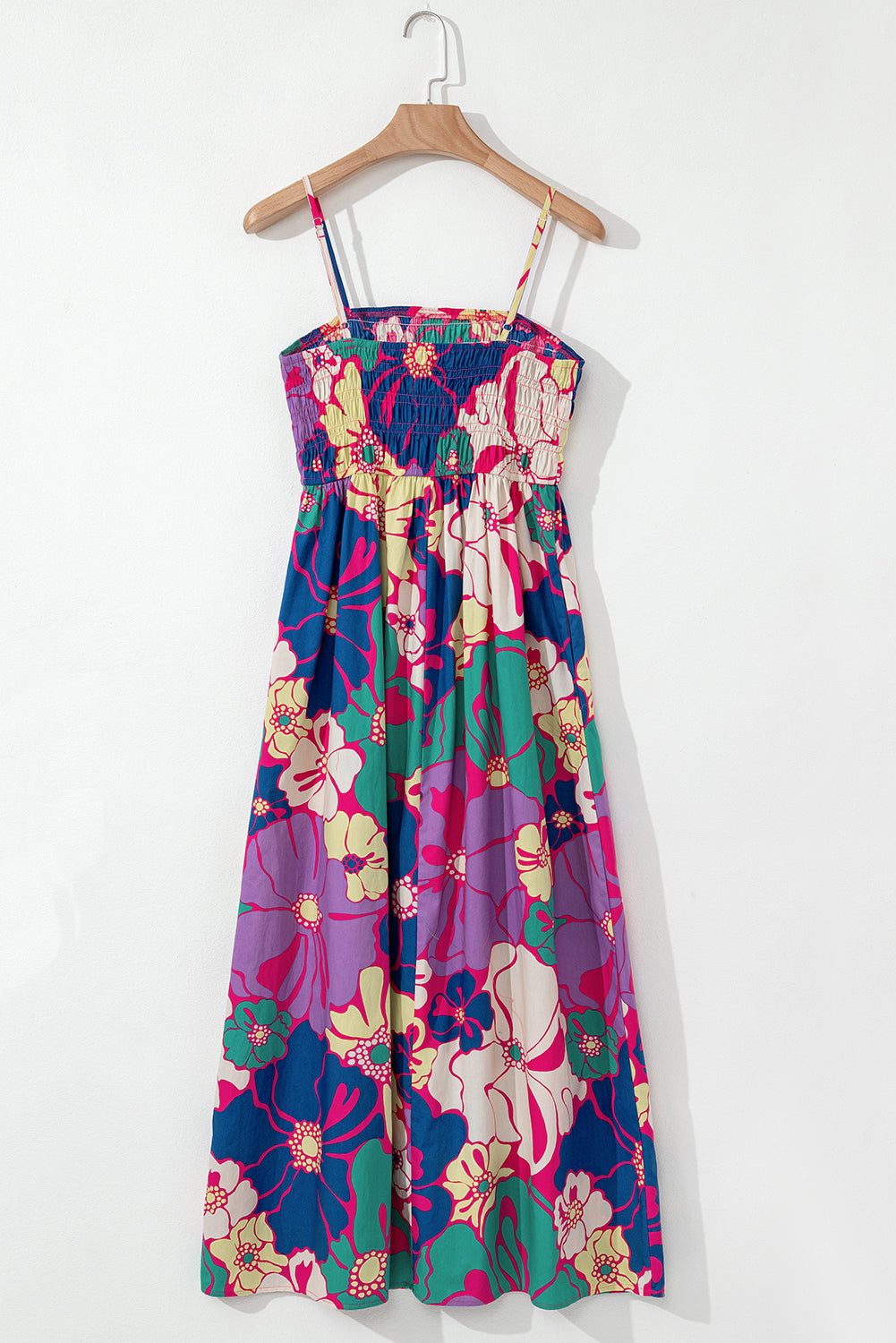 Purple Floral Print Shirred Spaghetti Strap Loose Maxi Dress - The Fair Lady Shop