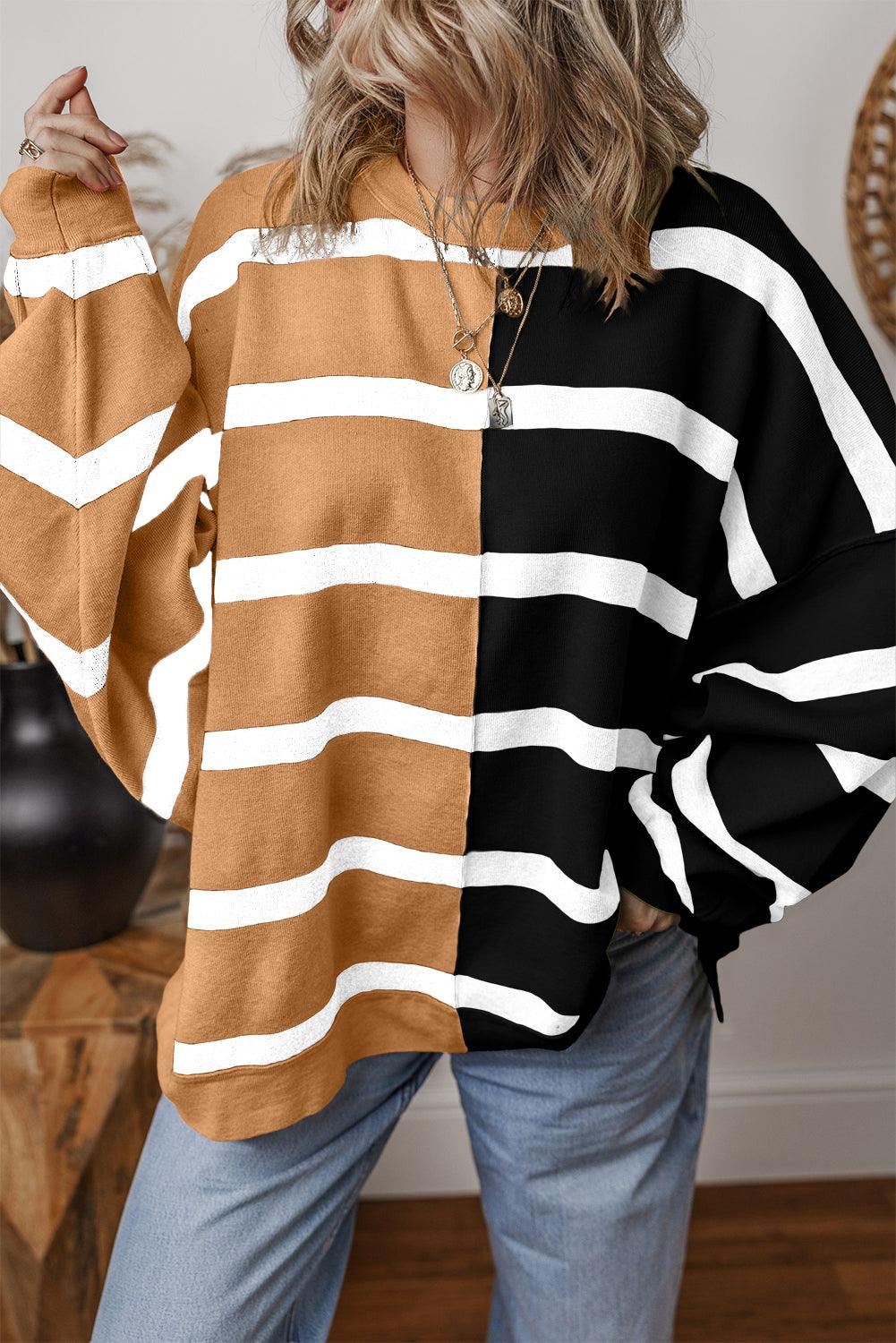 Khaki Stripe Exposed Seam Patchwork Loose Sweatshirts - The Fair Lady Shop