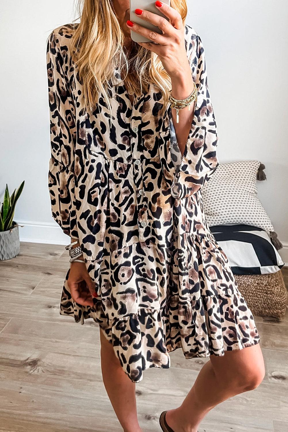 Black Leopard Button V Neck Flowy Mini Dress - The Fair Lady Shop