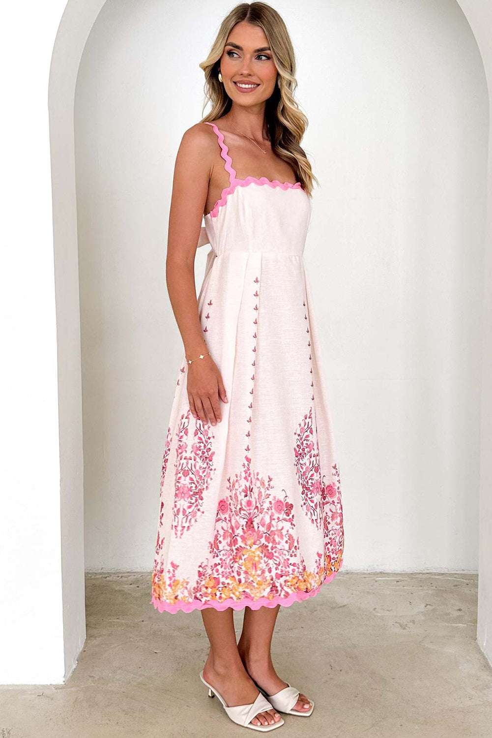 Pink Floral Ric Rac Spaghetti Strap Backless Dress - The Fair Lady Shop