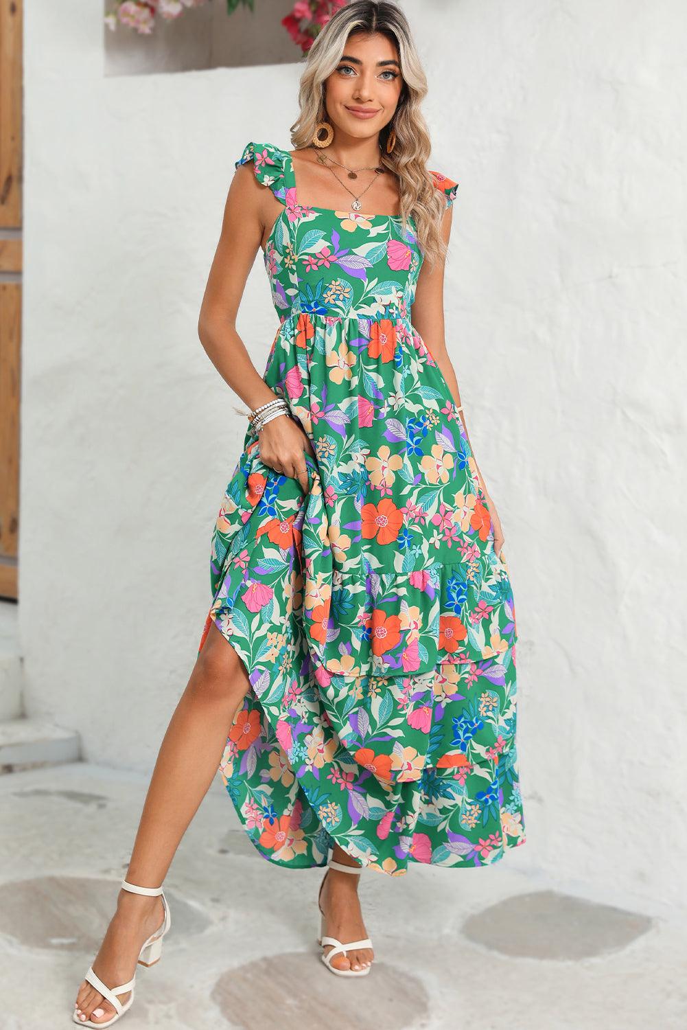 Pink Floral Print Sleeveless Ruffle Tiered Maxi Dress - The Fair Lady Shop