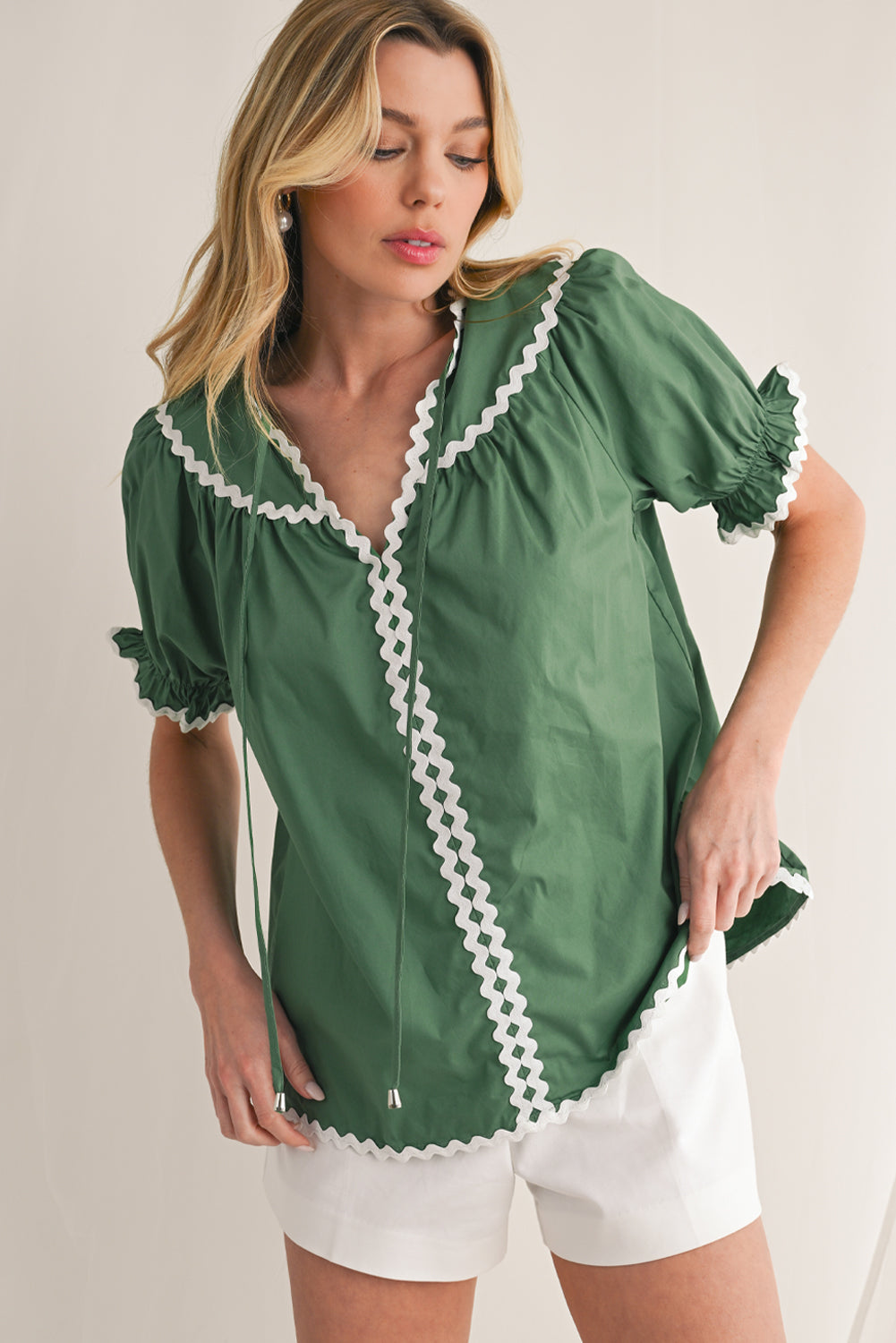 Mist Green V Neck Tie Detail Ricrac Blouse - The Fair Lady Shop