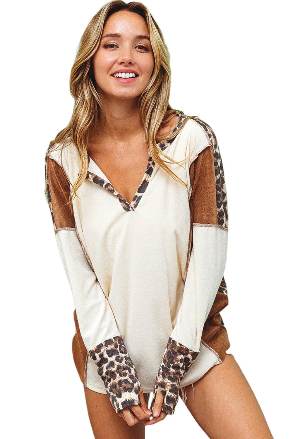 White Leopard Patchwork Notch Neck Thumbhole Long Sleeve Top - The Fair Lady Shop