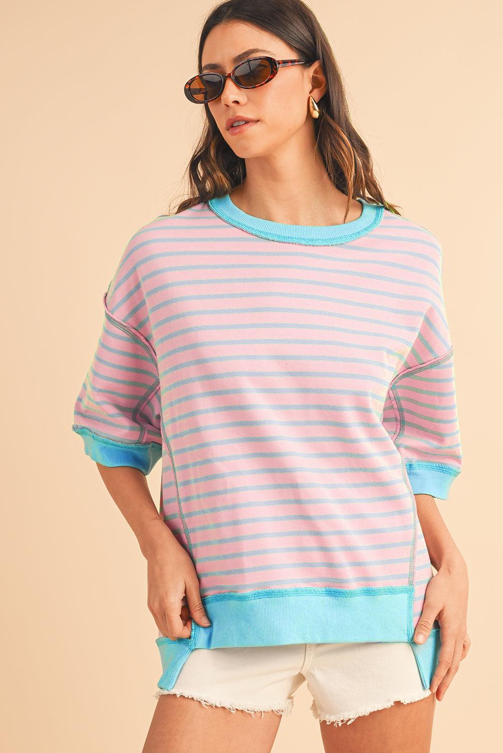 Pink Stripe Colorblock Drop Sleeve Oversized T Shirt - The Fair Lady Shop