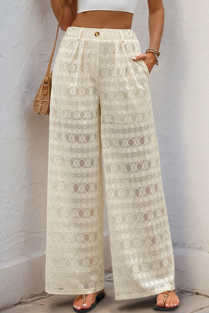 Beige Casual Elastic High Waist See Through Wide Leg Pants