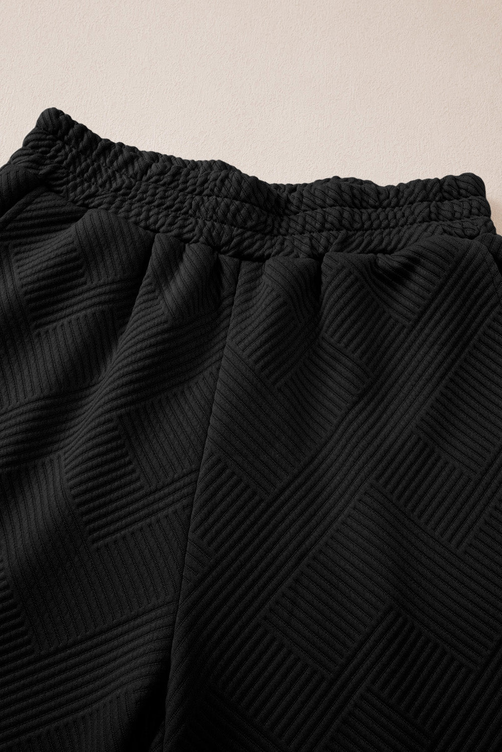 Black Plain Textured Collared V Neck Top and Wide Leg Pants Set - The Fair Lady Shop