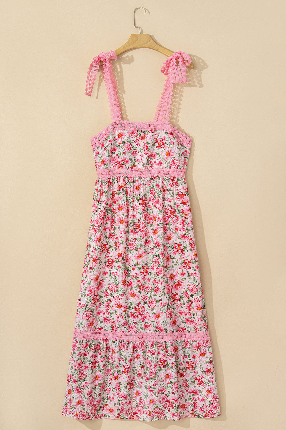 Pink Floral Lace Tied Strap Empire Waist Maxi Dress - The Fair Lady Shop