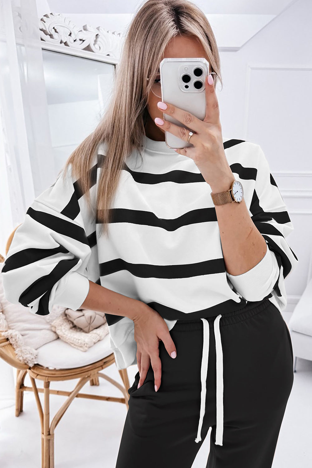 Black Striped Drop Shoulder Pullover and Joggers Set - The Fair Lady Shop
