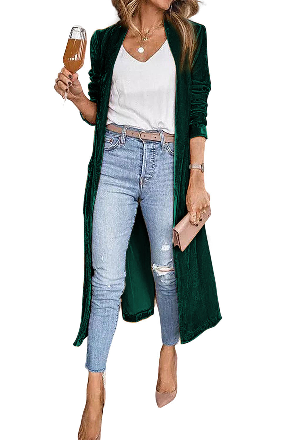 Green Velvet Elegant Pocket Open Front Long Cardigan - The Fair Lady Shop