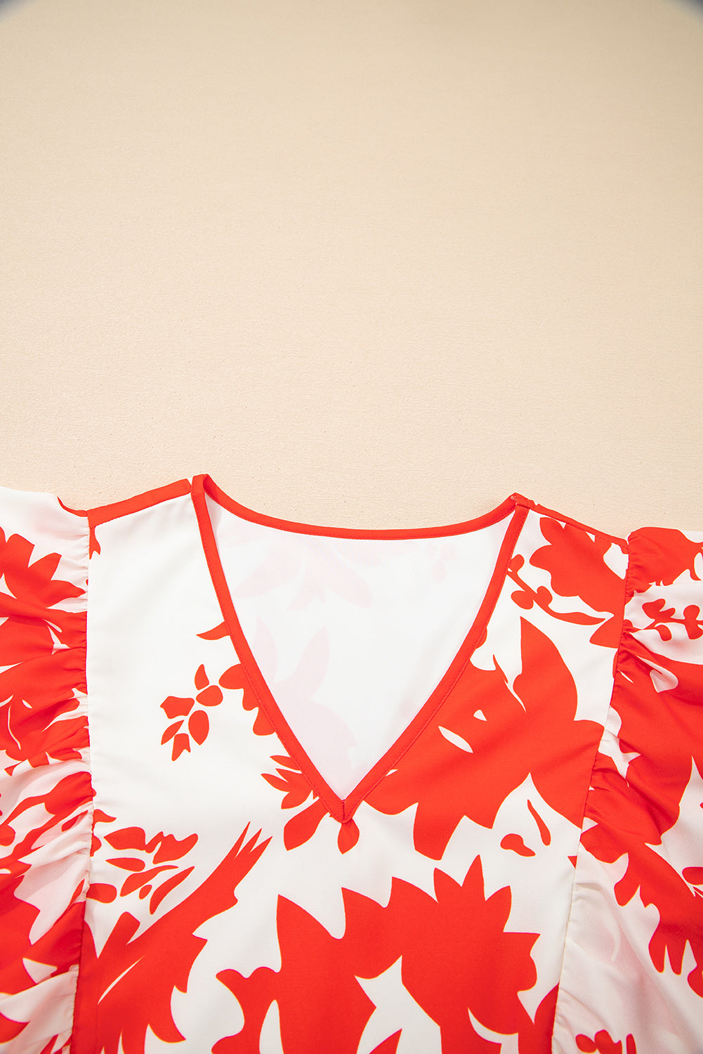 Red Floral Print Trimmed V Neck Ruffle Sleeve Maxi Dress - The Fair Lady Shop