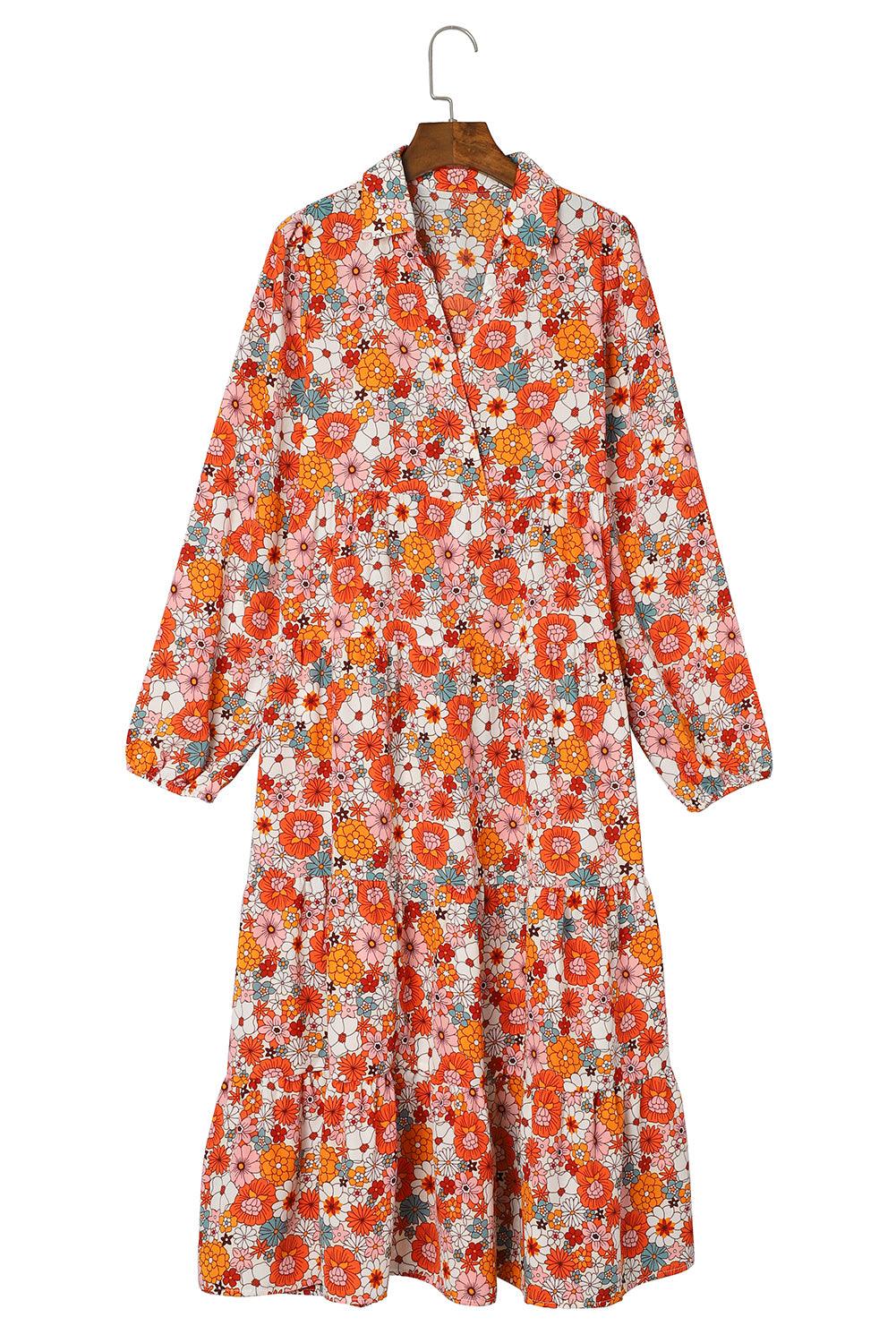 Multicolor Boho Floral Collared Long Sleeve Dress - The Fair Lady Shop