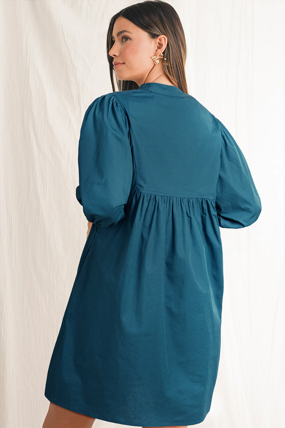 Blue Sapphire Patchwork V Neck Puff Sleeve Pleated Mini Dress - The Fair Lady Shop