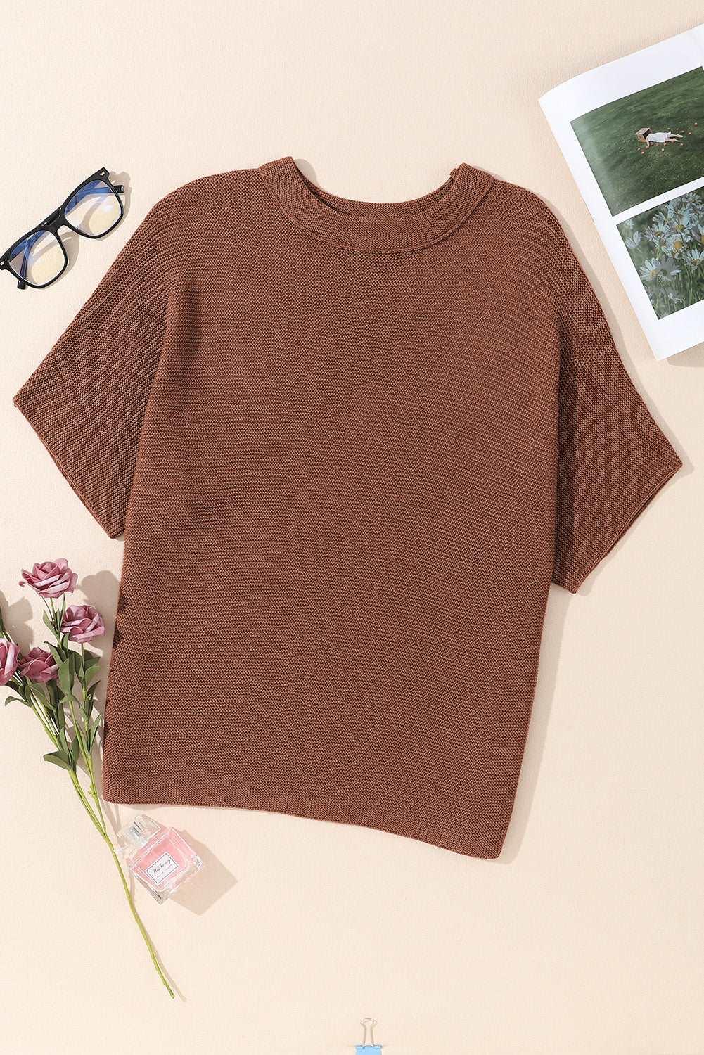 Apricot Mock Neck Short Batwing Sleeve Sweater - The Fair Lady Shop