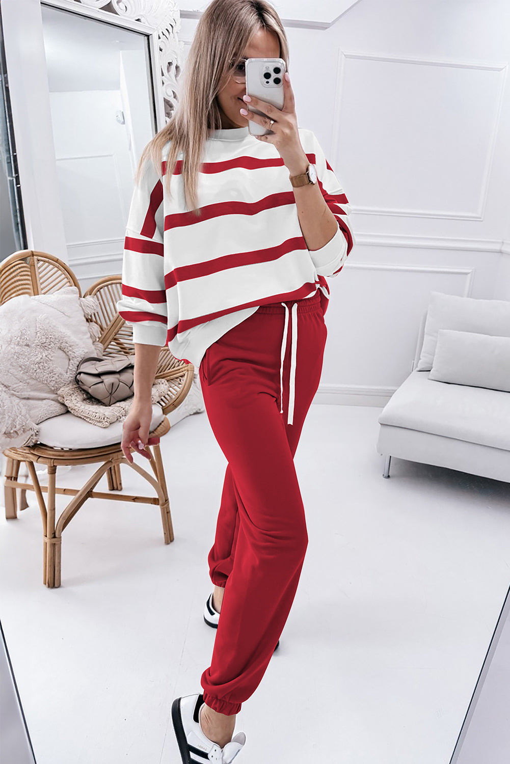 Red Striped Drop Shoulder Pullover and Joggers Set - The Fair Lady Shop