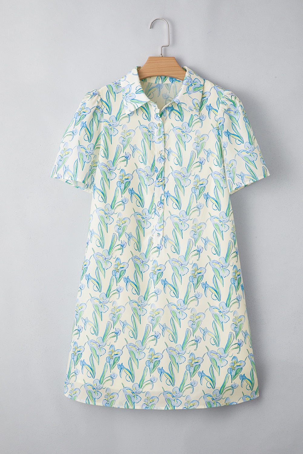 Green Floral Half Button Short Sleeve Mini Dress - The Fair Lady Shop