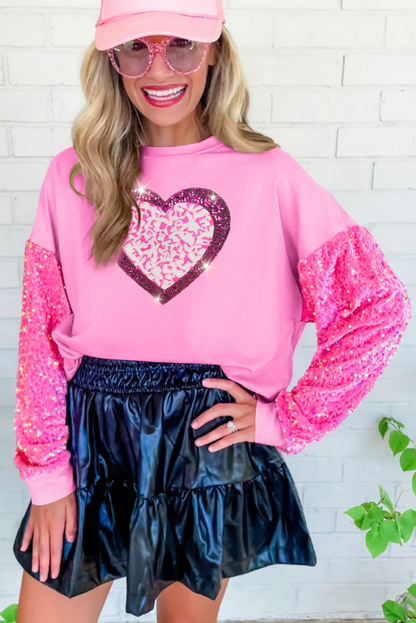 Pink Leopard Heart Graphic Sequin Patchwork Long Sleeve Valentines Top - The Fair Lady Shop