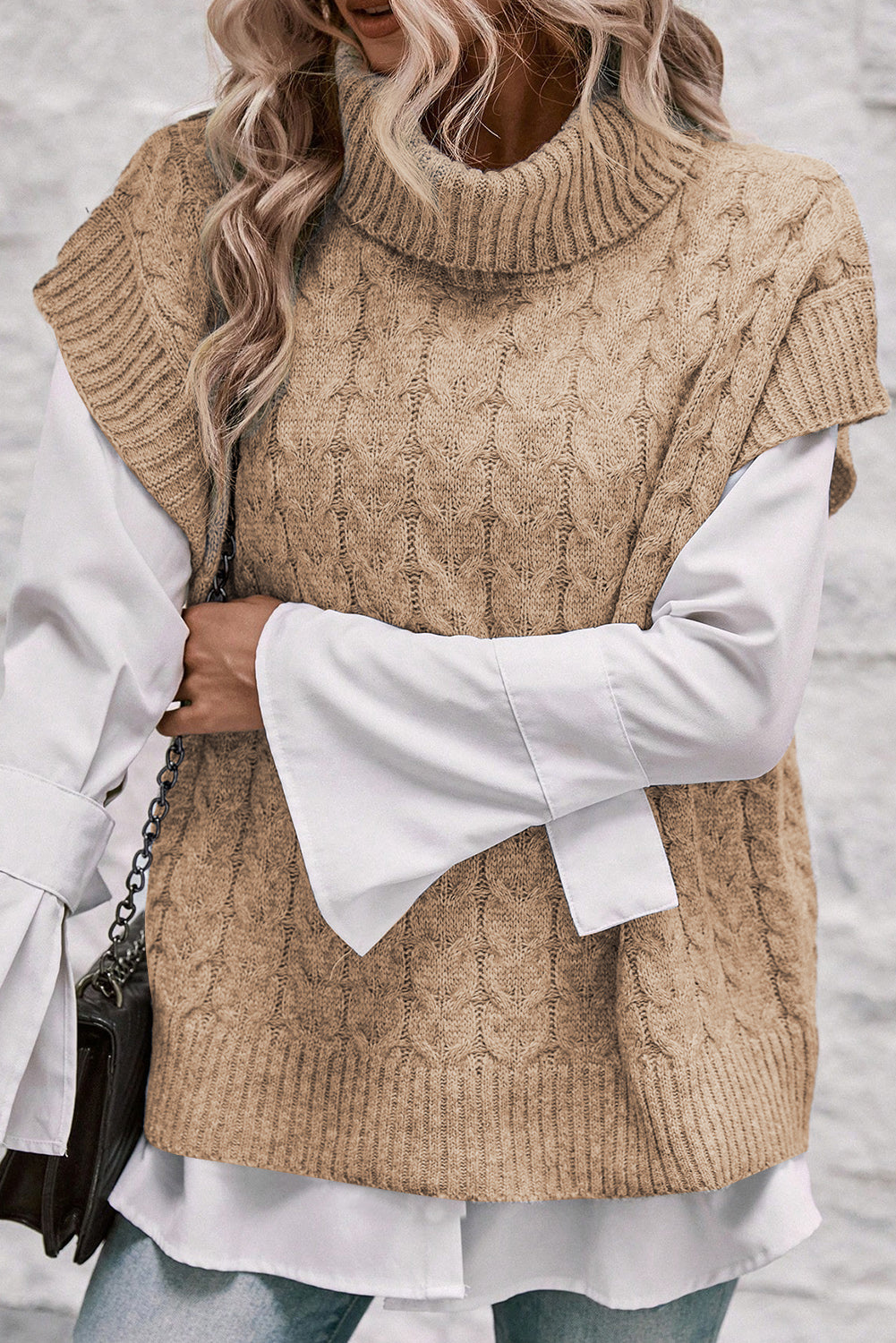 Light Beige Turtleneck Short Dolman Sleeve Cable Knit Sweater - The Fair Lady Shop