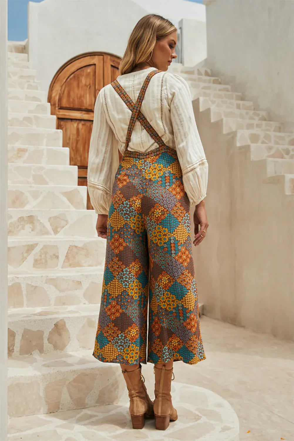 Multicolour Boho Floral Print Cropped Wide Leg Overalls - The Fair Lady Shop