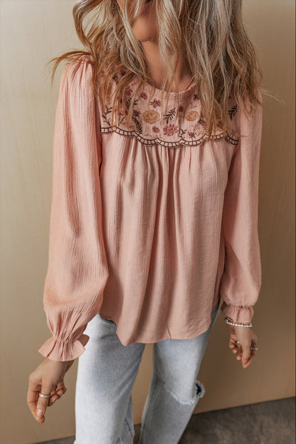 Gossamer Pink Floral Embroidered Crinkle Blouse - The Fair Lady Shop