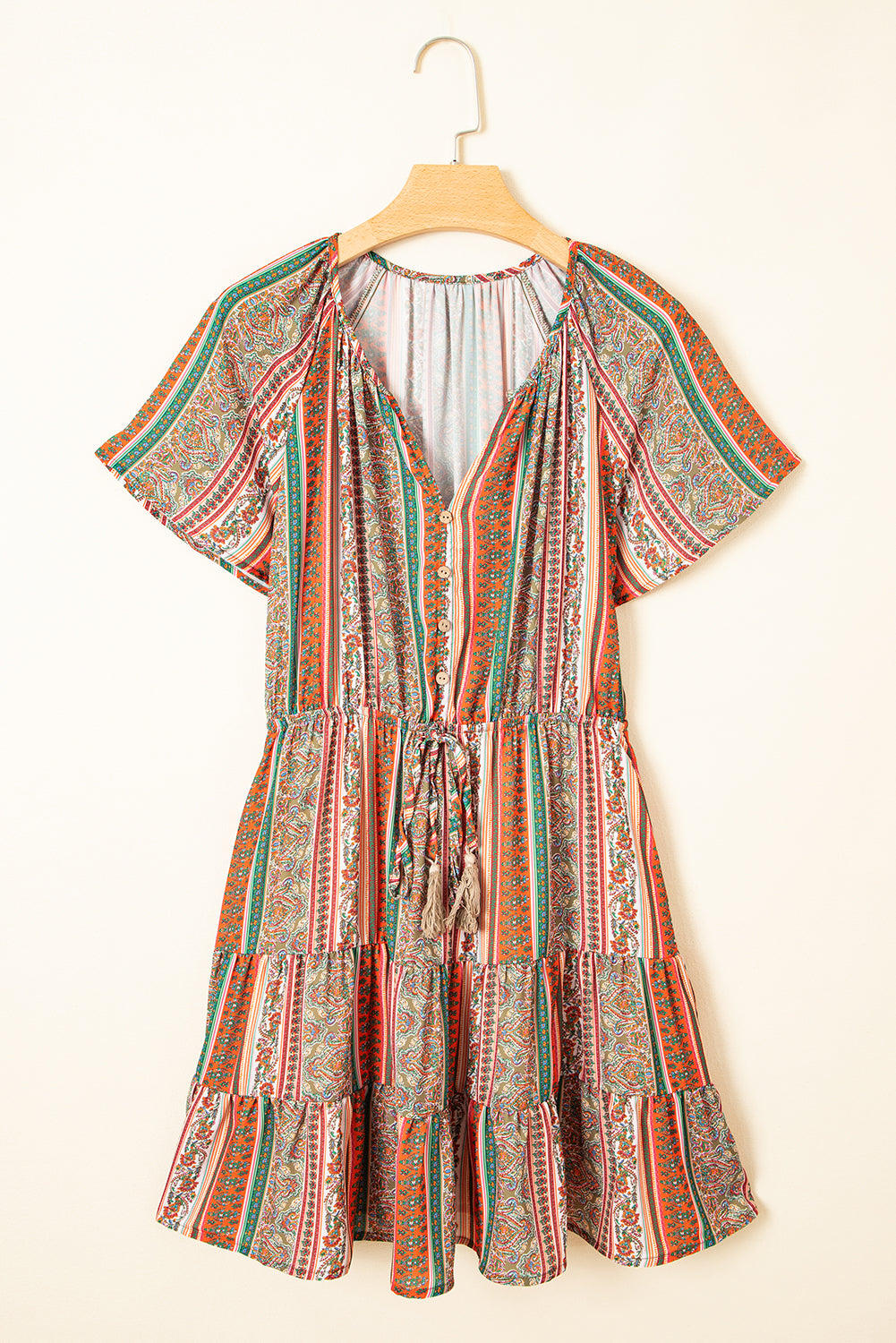 Red Bohemian Floral Print Buttoned V Neck Ruffle Tiered Dress - The Fair Lady Shop