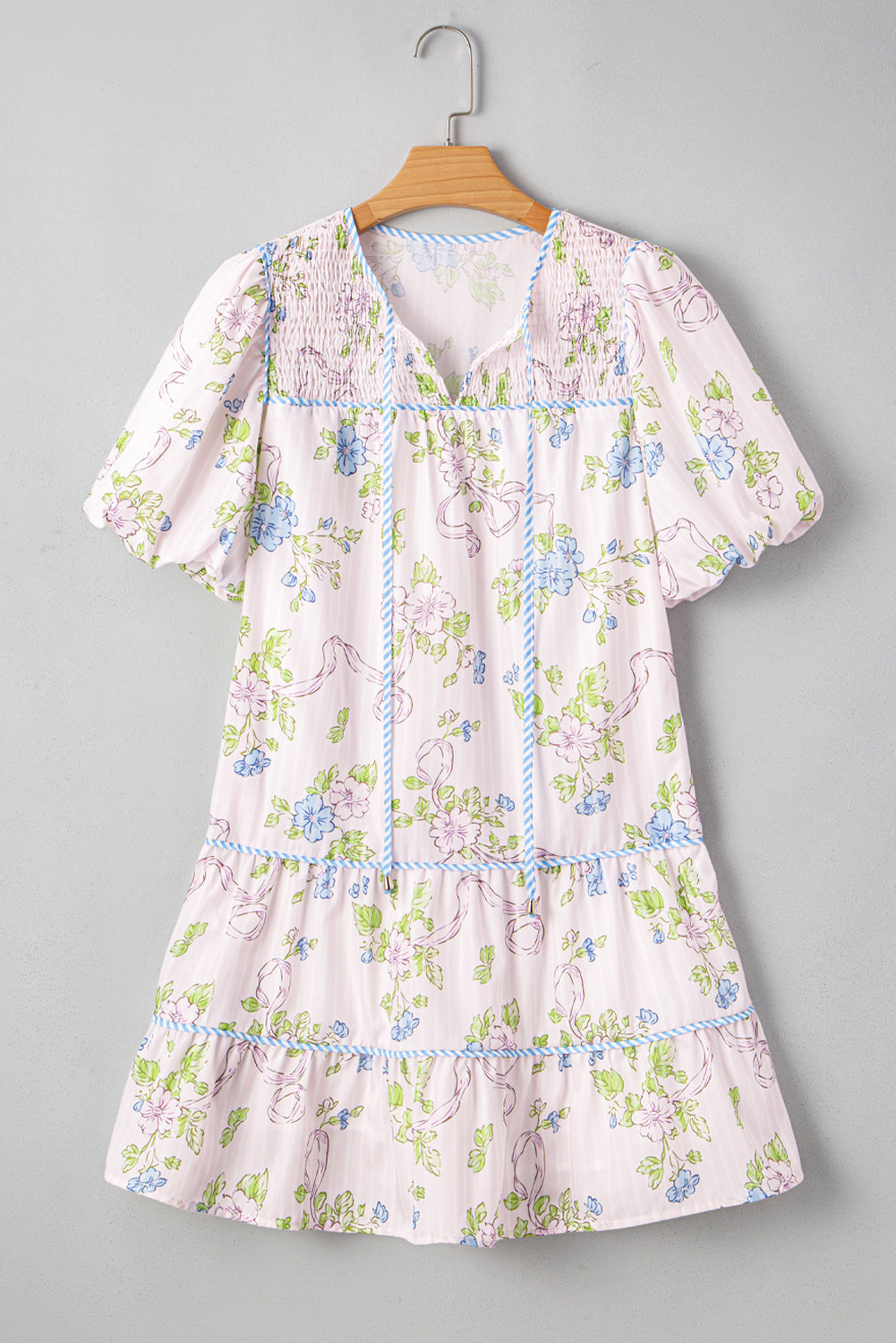 Pink Floral Striped Print Contrast Trim Tie Split Neck Mini Dress - The Fair Lady Shop