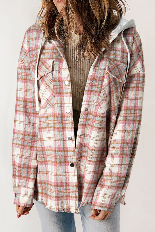 Multicolor Plaid Flap Pocket Hooded Raw Hem Shacket - The Fair Lady Shop