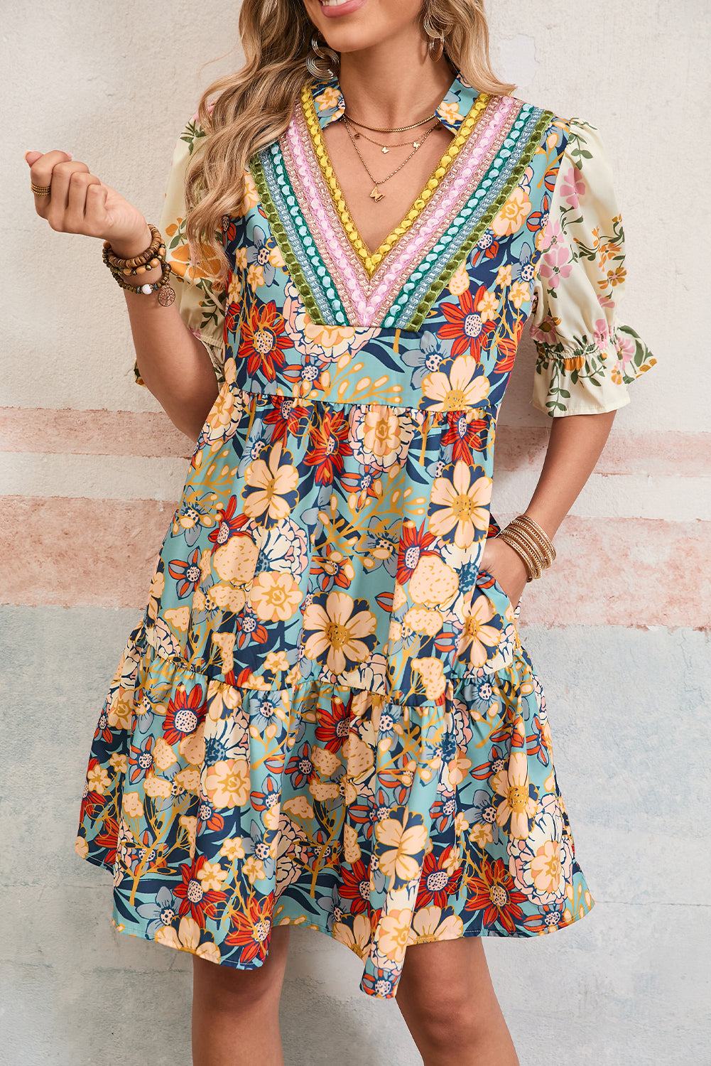 Multicolor Allover Floral Print V Neck Tiered Mini Dress - The Fair Lady Shop