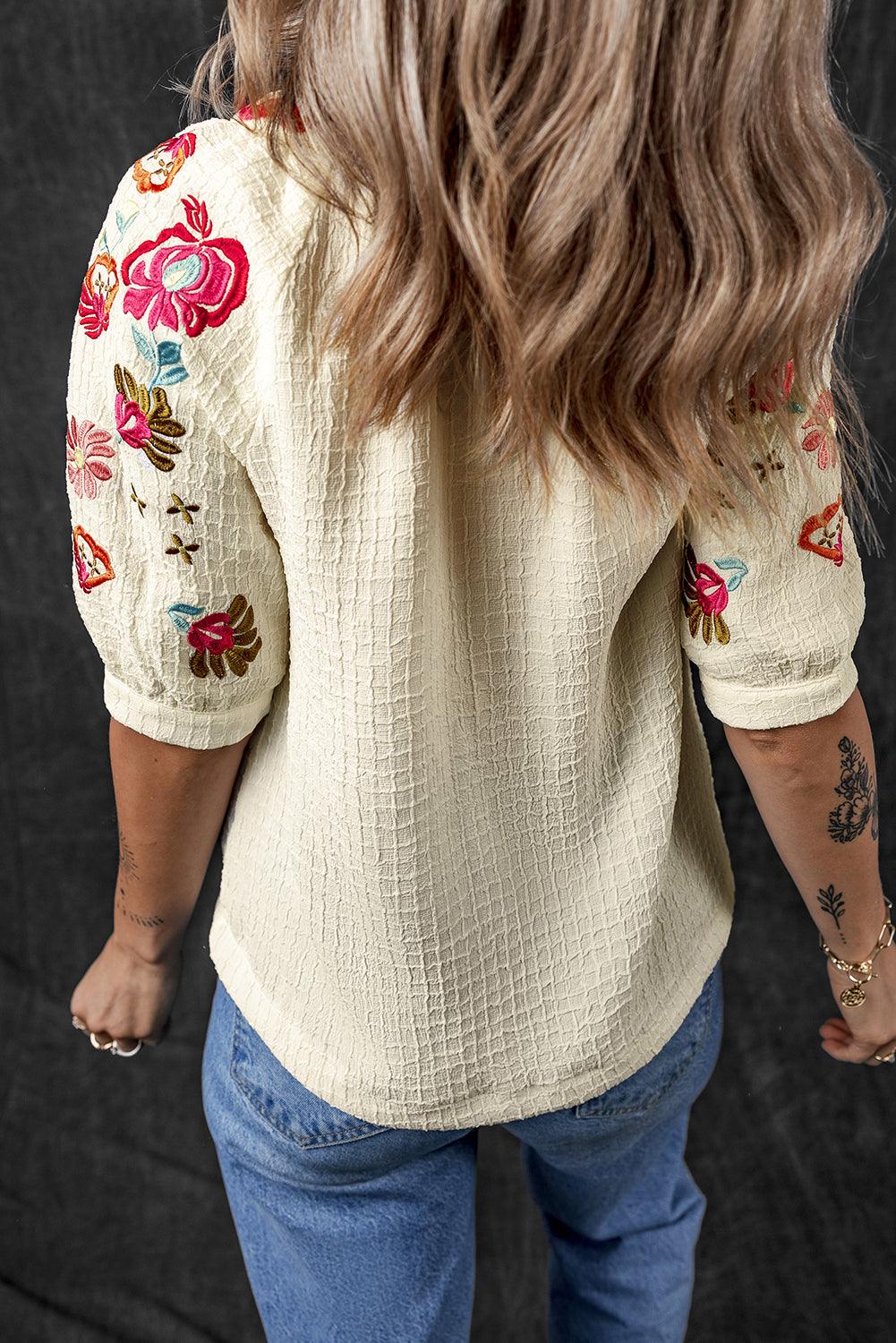 White Floral Embroidered Ricrac Puff Sleeve Textured Blouse - The Fair Lady Shop