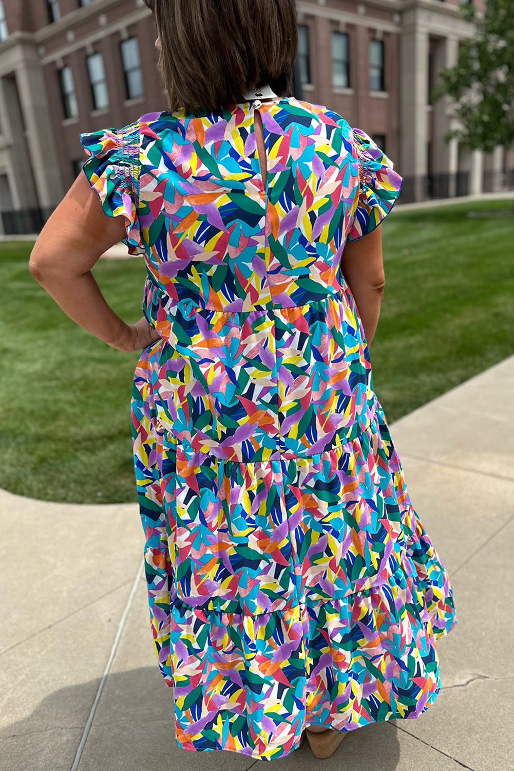 Blue Abstract Print Ruffle Sleeve Plus Size Tiered Maxi Dress - The Fair Lady Shop