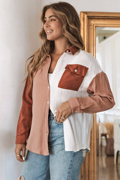 Brown Color Block Pockets Textured Long Sleeve Shacket - The Fair Lady Shop