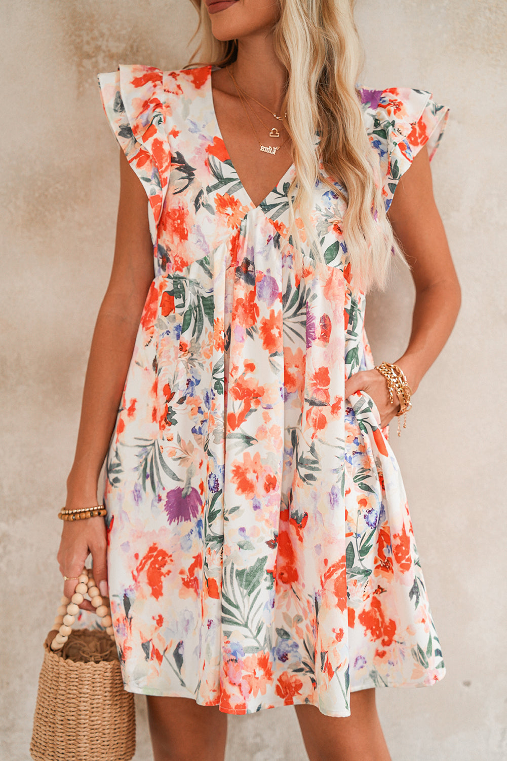 Pink Floral Ruffle Sleeve V Neck High Waist Mini Dress - The Fair Lady Shop