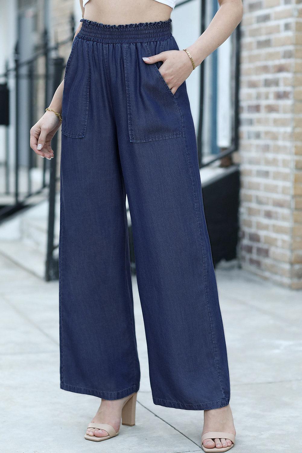 Black Side Pockets Frilled Smocked High Waist Wide Leg Jeans - The Fair Lady Shop
