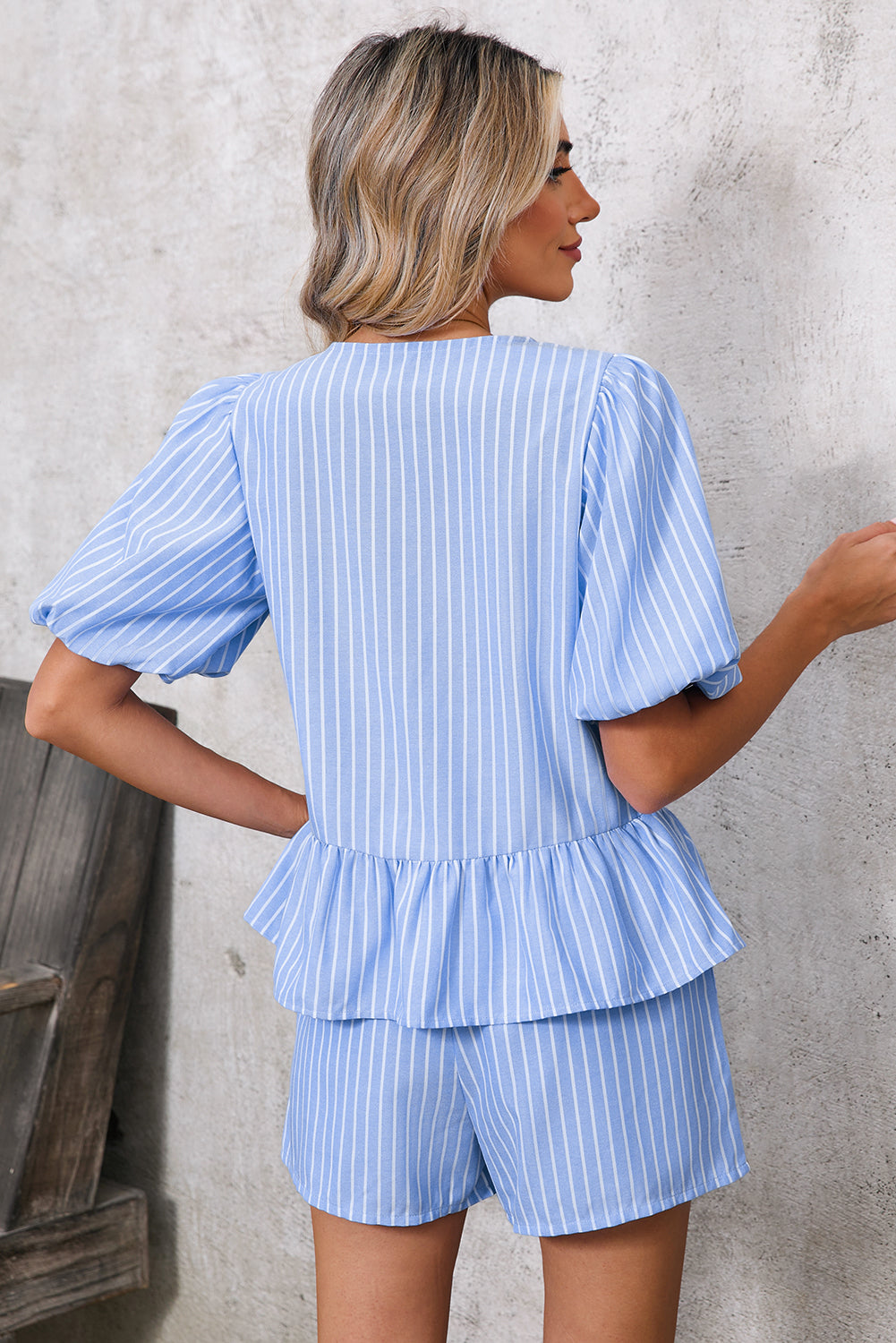 Sky Blue Striped Bow Tie Front Blouse and Drawstring Shorts Set - The Fair Lady Shop