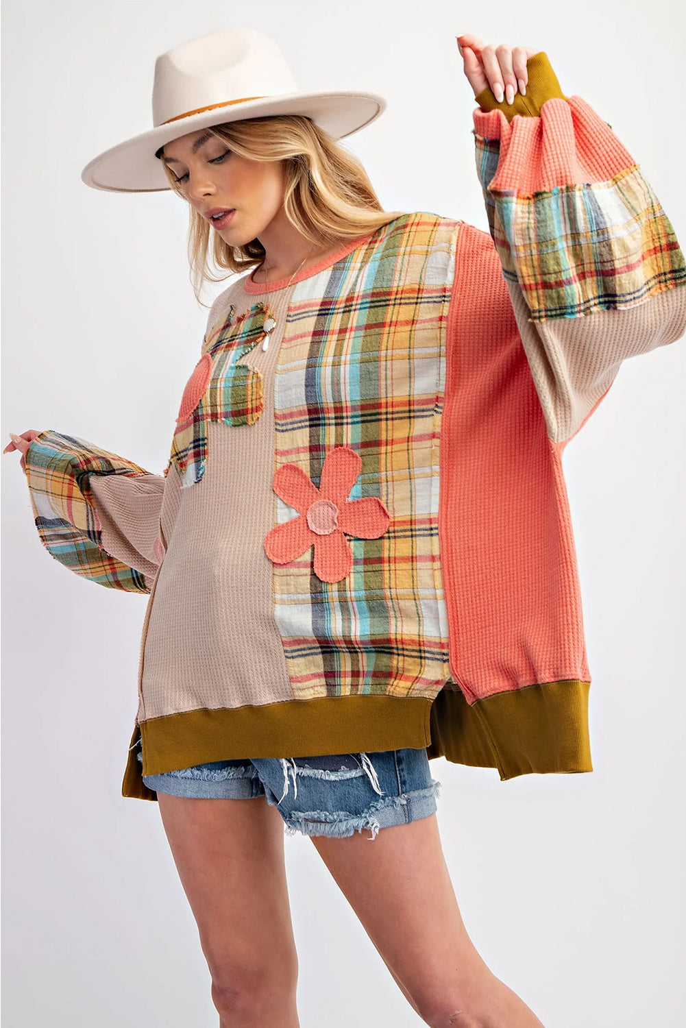 Multicolor Plaid Flower Patchwork Waffle Drop Shoulder Loose Top - The Fair Lady Shop