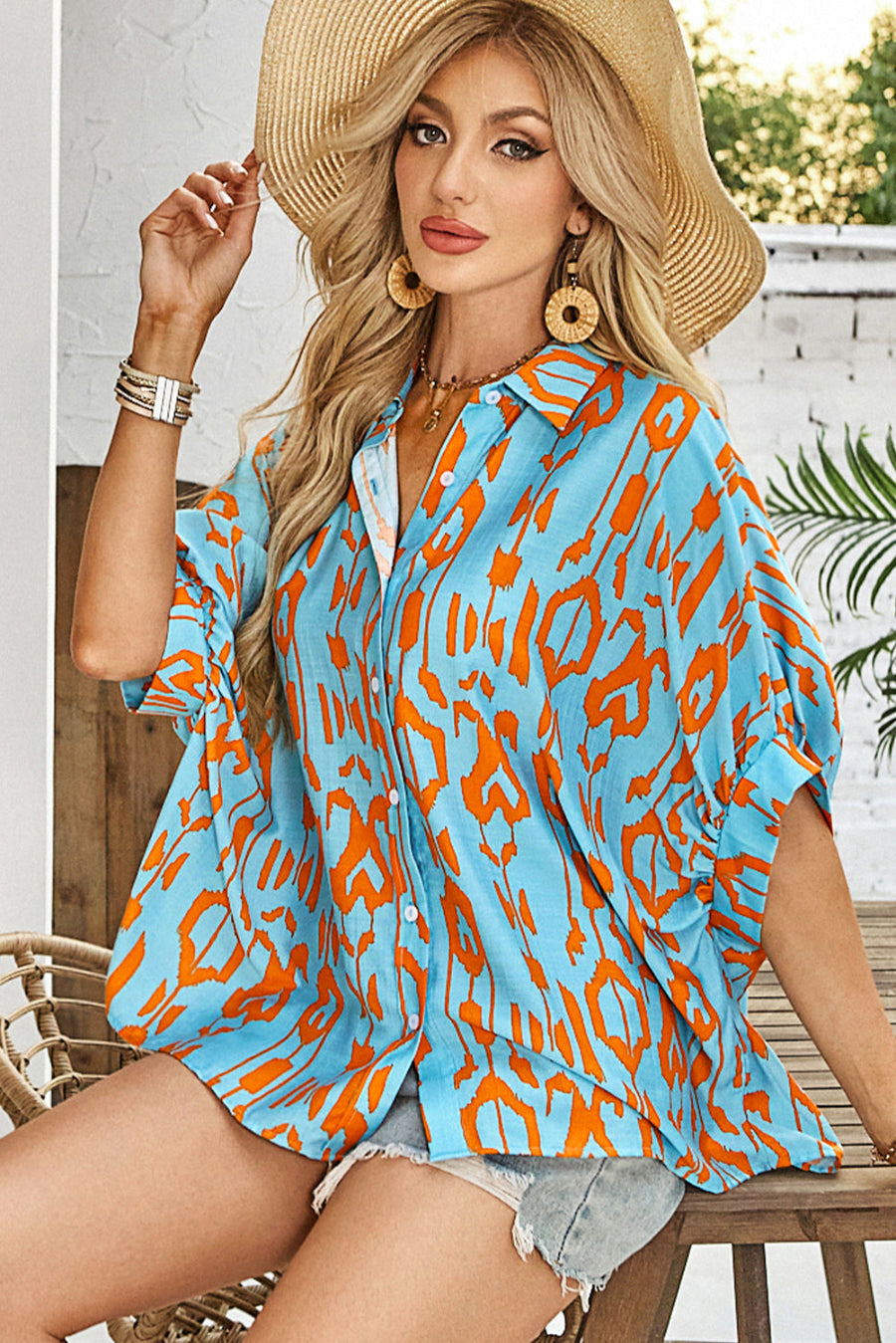 Sky Blue Abstract Print Short Sleeve Button Up Loose Shirt - The Fair Lady Shop