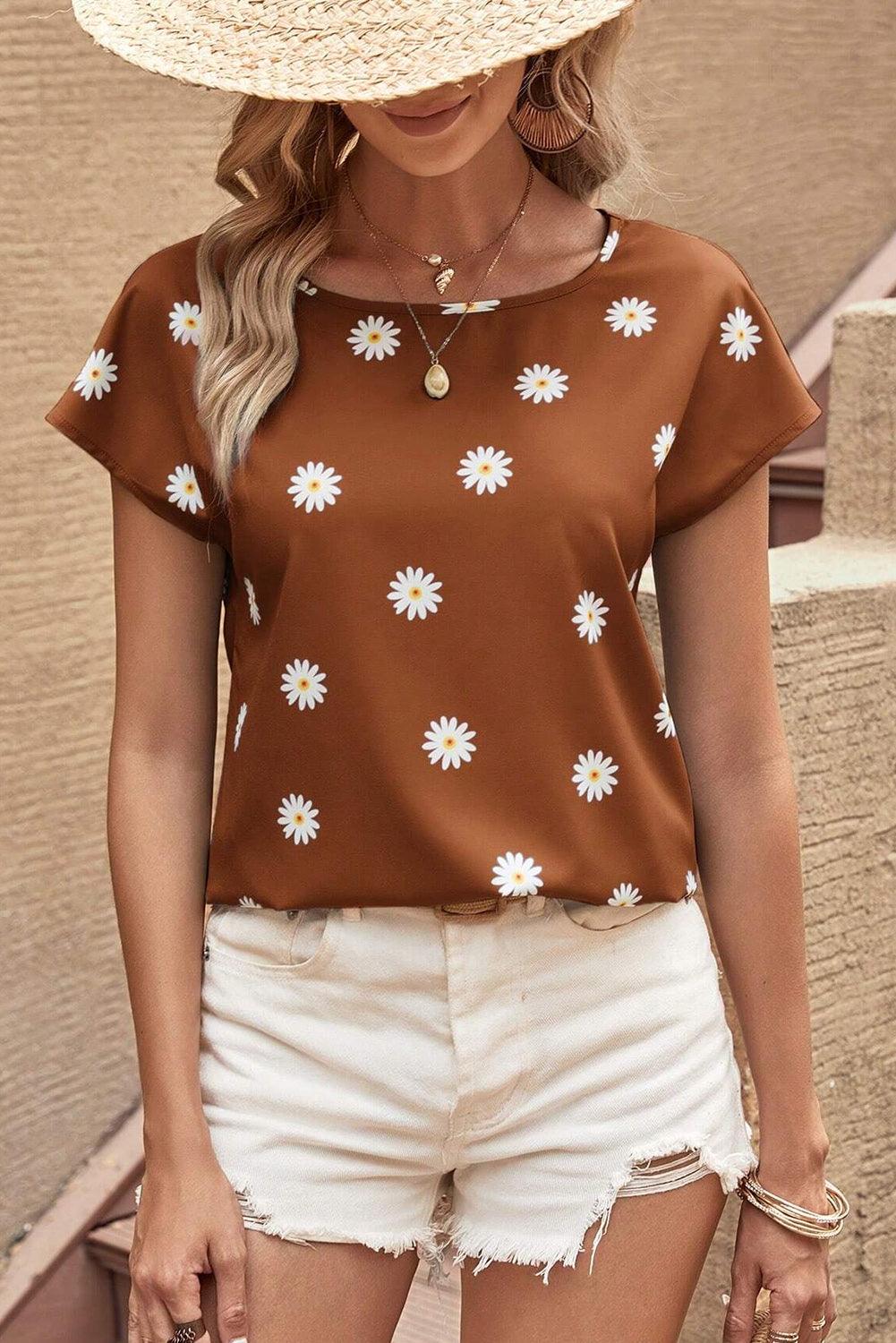 Chestnut Summer Daisy Print Batwing Sleeve Blouse - The Fair Lady Shop