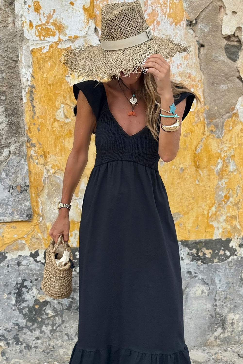Black V Neck Flutter Sleeve Smocked Bodice High Waist Ruffle Maxi Dress - The Fair Lady Shop