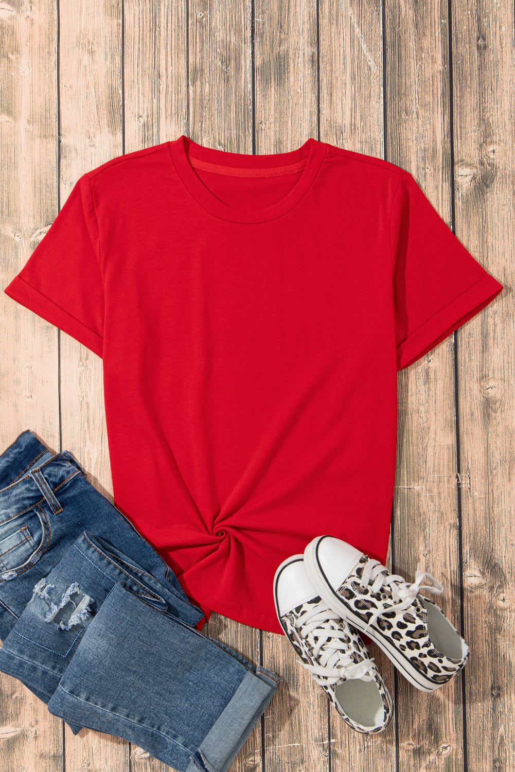 Red Solid Color Basic Crew Neck Plain Tee - The Fair Lady Shop