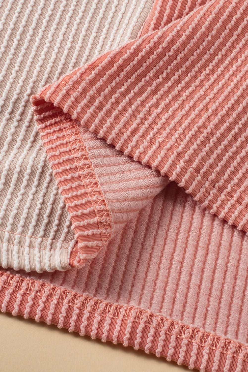 Apricot Pink Colorblock Ribbed Round Neck T Shirt - The Fair Lady Shop