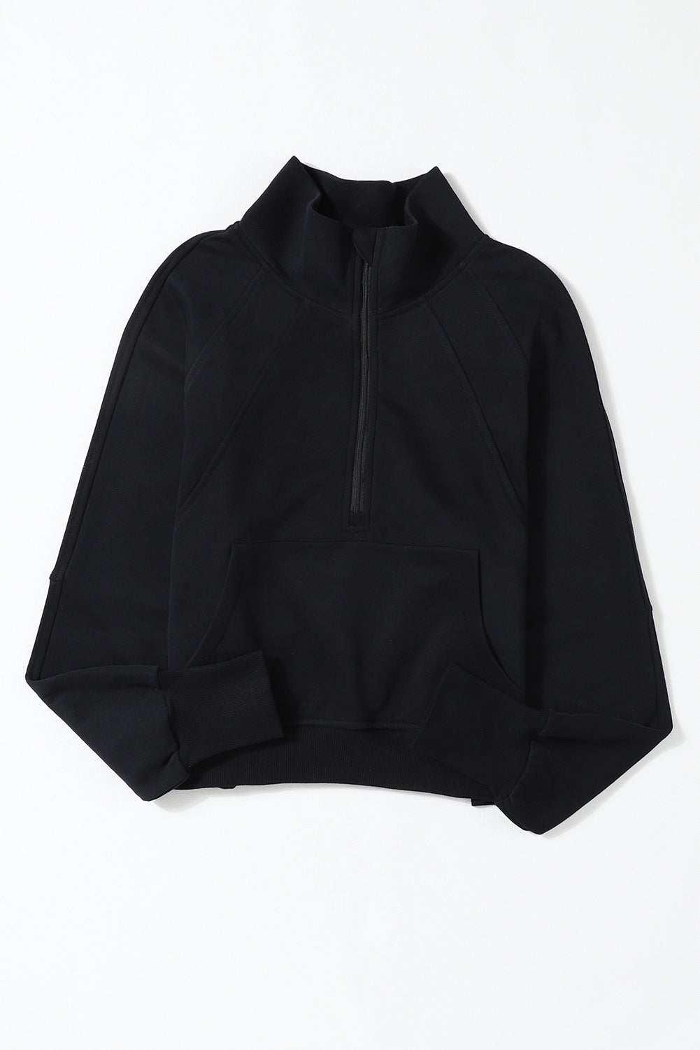 Black Zip Up Stand Collar Ribbed Thumbhole Sleeve Sweatshirt - The Fair Lady Shop