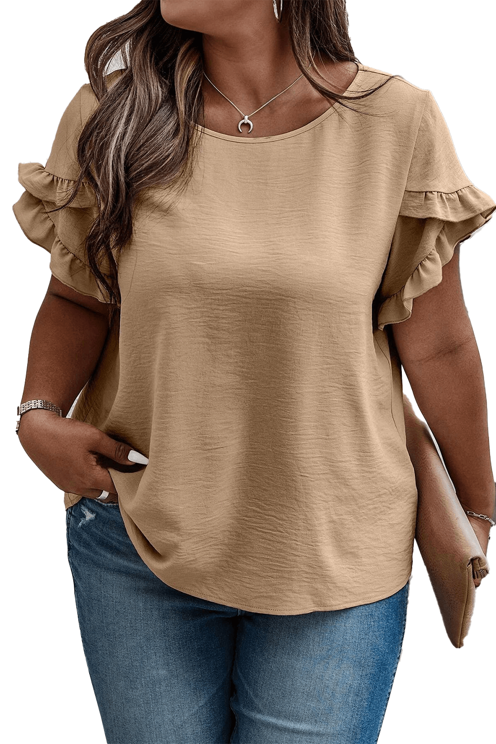 Light French Beige Ruffled Short Sleeve Plus Size Top - The Fair Lady Shop